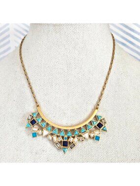 Stella & Dot Gold Tone Chain Blue Stone Tile Statement Necklace